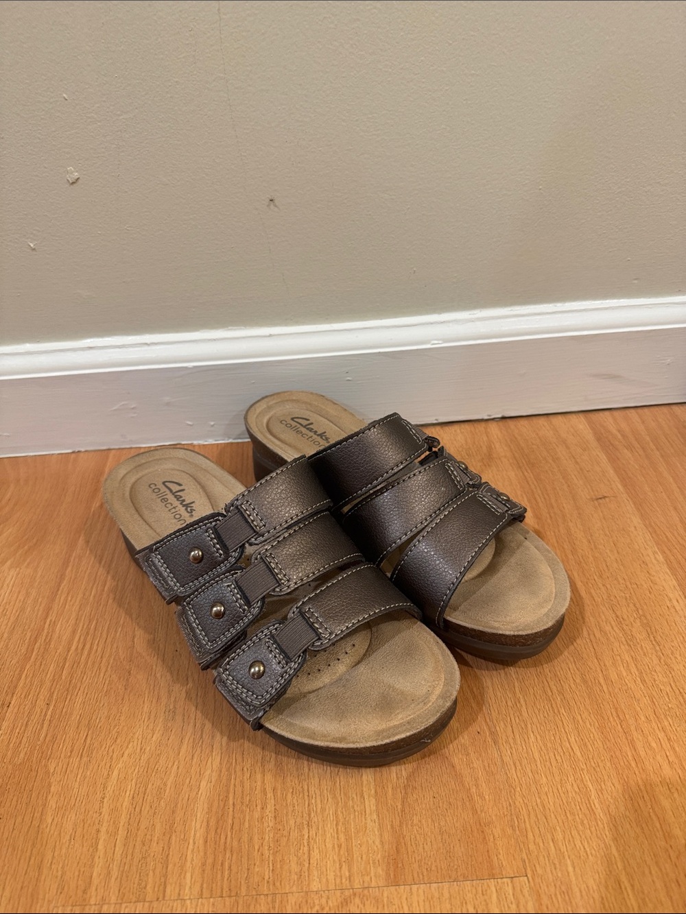 Clarks Dark Brown Triple-Strap Comfort Slide Sandals